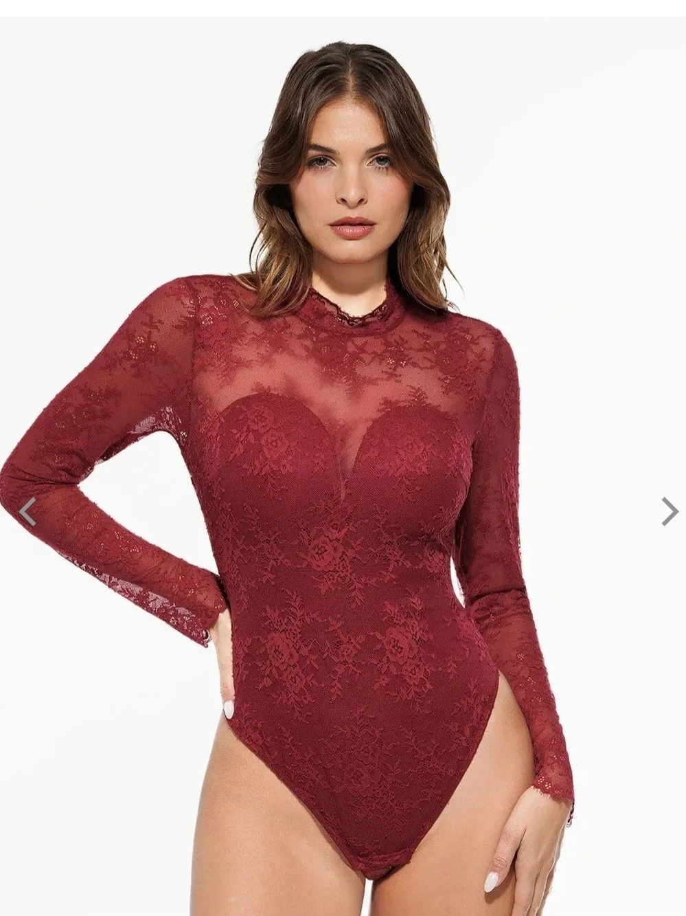 Popilush Shapewear Mock Neck Long_Sleeve Floral Lace Bodysuit
